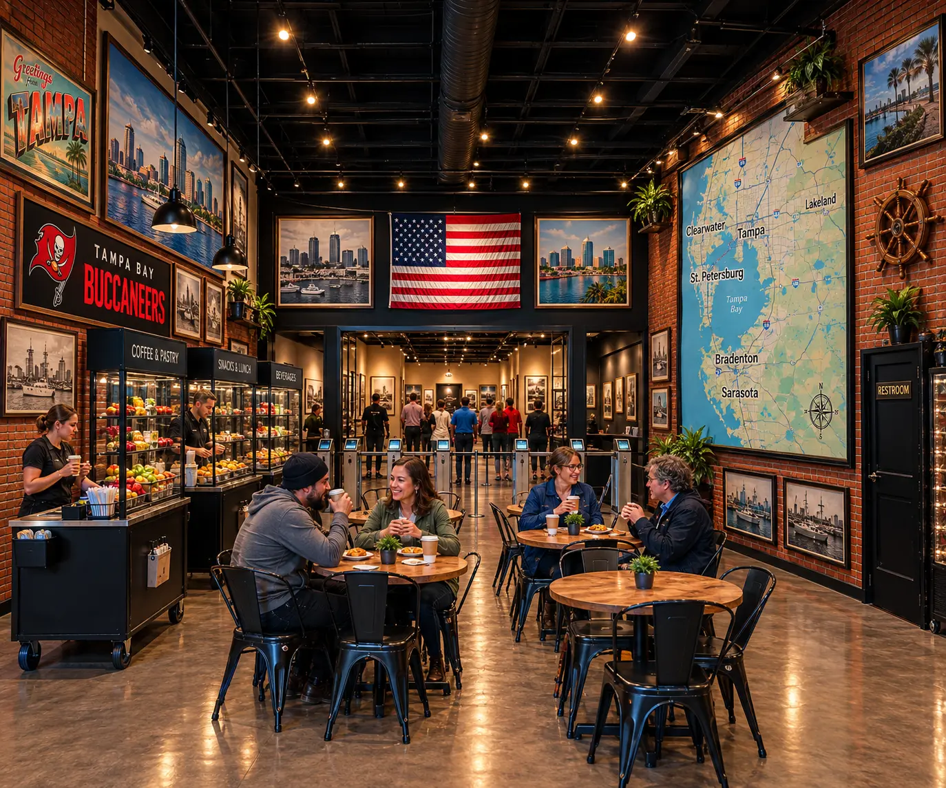 Visitors enjoying the Museum of Innovation cafe beneath a map of Tampa Bay